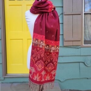 Artisan Woven Bohemian Shawl Wrap Fringe Burgundy Red